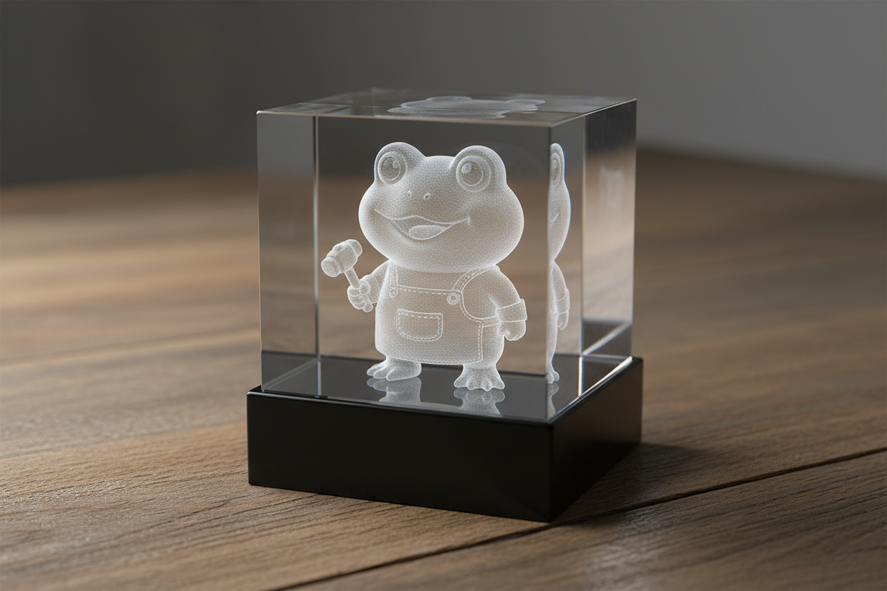 Clear crystal figurine of a cartoon character on a wooden surface